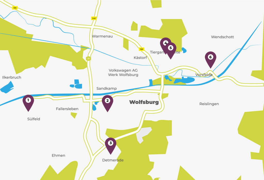 Abgeschlossene Nahversorungsprojekte in 2020 sind auf einer Stadtkarte von Wolfsburg mit Zahlen versehen